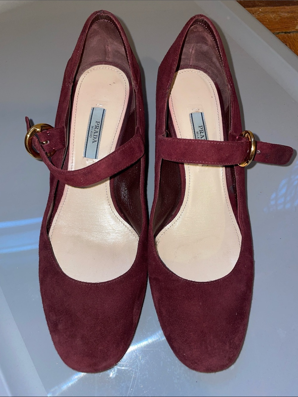 Prada Burgundy Suede Mary Jane Pumps with Gold Buckle